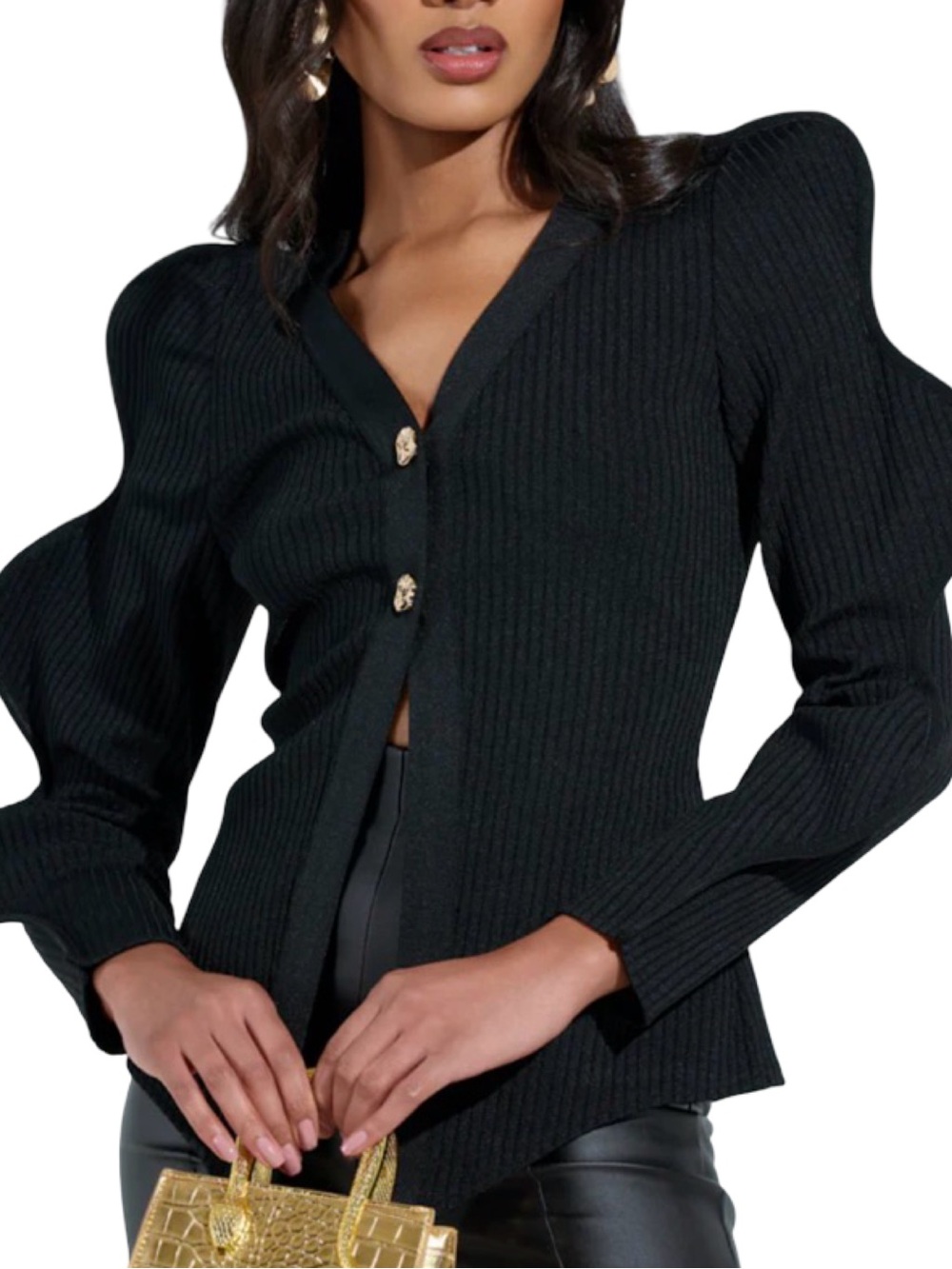 NWT AKIRA Black Wavy Structured Sleeve Ribbed Cardigan L/XL Statement Sweater